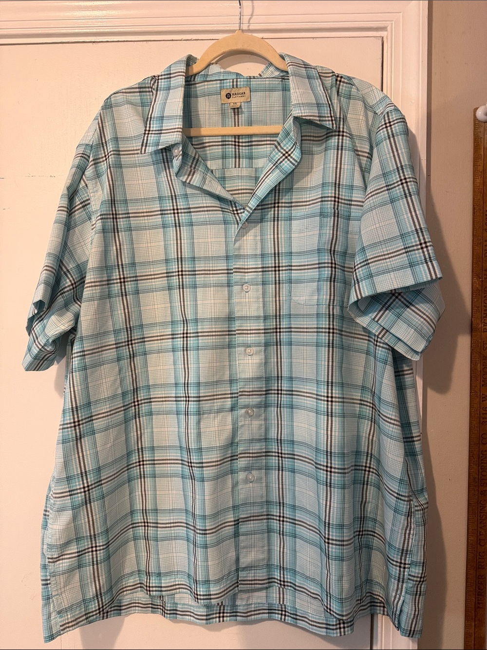 Haggar Light Blue Plaid Short Sleeve Button-Down Shirt